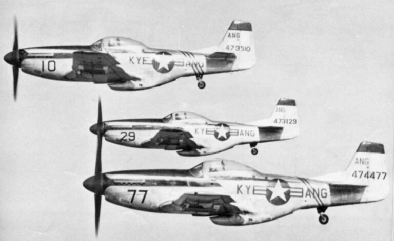 Tři P-51 Mustang ze 165. stíhací perutě, jednotky, ve které kapitán Mantell sloužil. Zdroj foto: USAF, Public domain, via Wikimedia Commons