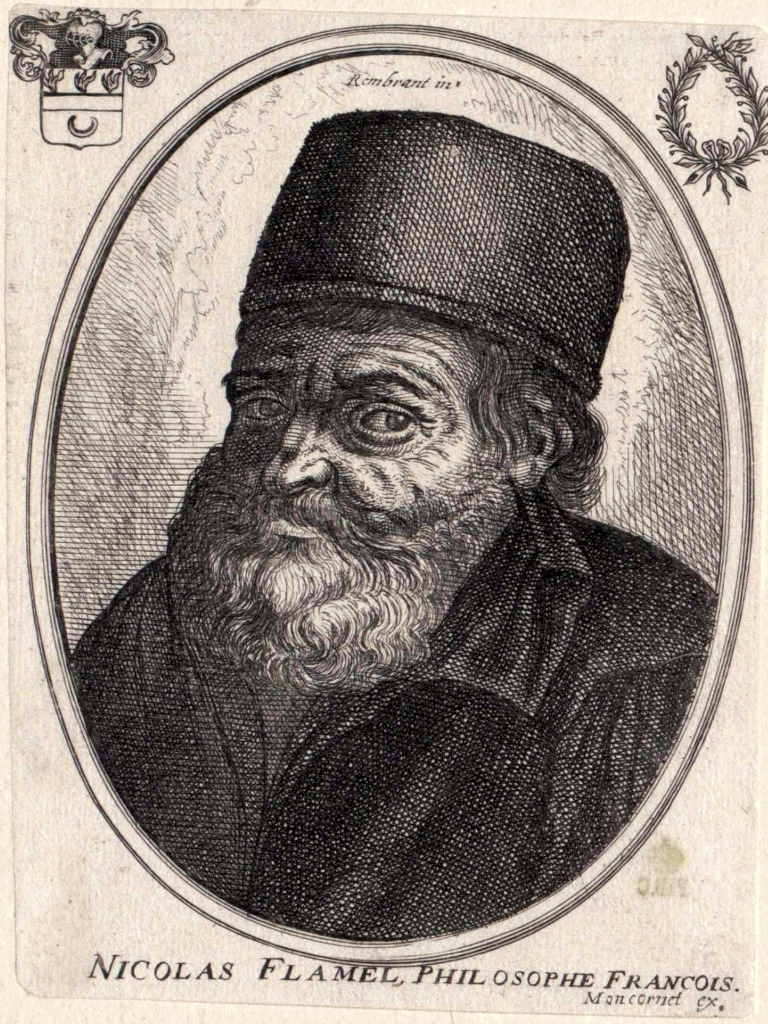Fiktivní portrét Nicolase Flamela. Zdroj obrázku: Balthasar Moncornet, Public domain, via Wikimedia Commons