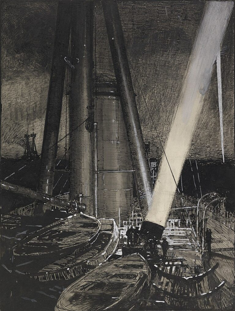 Historické vyobrazení lodního reflektoru na palubě obrněné lodi. I toto silné umělé světlo má v sobě kus symboliky biblického „ohnivého sloupu“, co říkáte?! Zdroj obrázku: Donald Maxwell, Public domain, via Wikimedia Commons