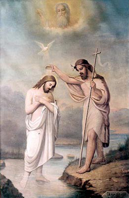 Jan Křtitel a Ježíš u řeky Jordán. Foto: Daoud Corm, Public domain, via Wikimedia Commons