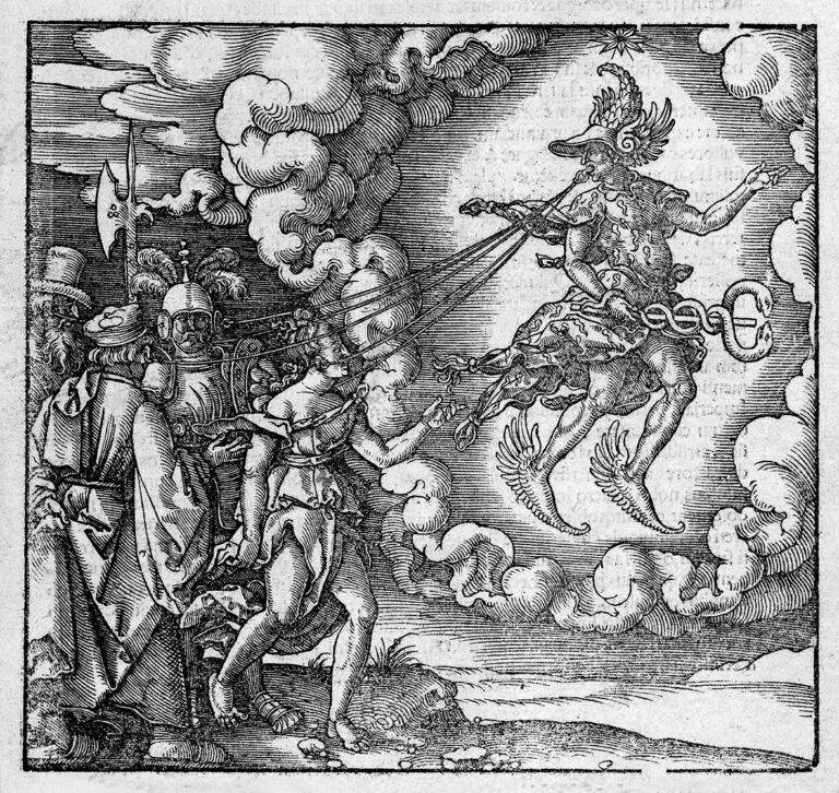 Středověké (1534) zobrazení boha Ogmiose podle Lukiánova popisu.