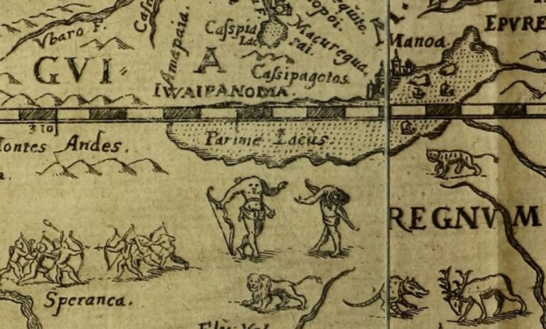 Kresby lidí bez hlavy se objevovaly i na starých mapách. Zdroj obrázku: Hondius, Jodocus, 1563-1612 (engraver); Hulsius, Levinus, -1606 (printer); Sir Walter Raleigh (author), Public domain, via Wikimedia Commons