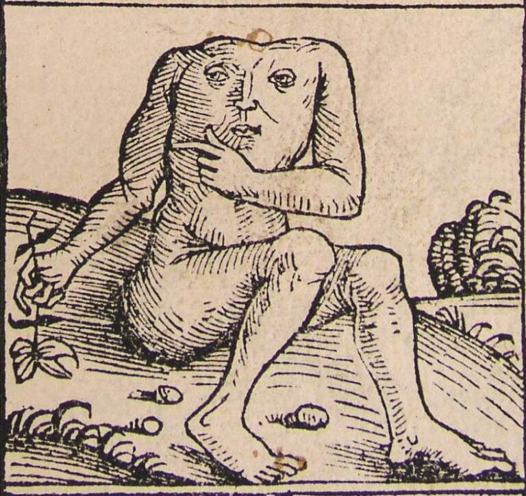 Vyobrazení „bezhlavého“ z německé kroniky. Zdroj obrázku: Hartmann Schedel (1440-1514), Public domain, via Wikimedia Commons