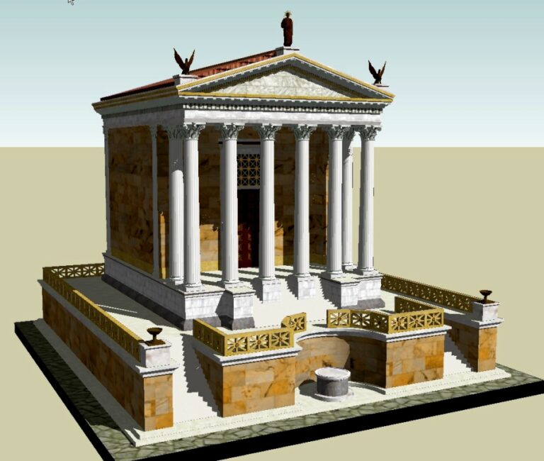 Caesarův chrám byl údajně zasvěcen „kultu komety“. Zdroj obrázku: A derivative work of a 3D model by Lasha Tskhondia - L.VII.C., CC BY-SA 3.0 , via Wikimedia Commons