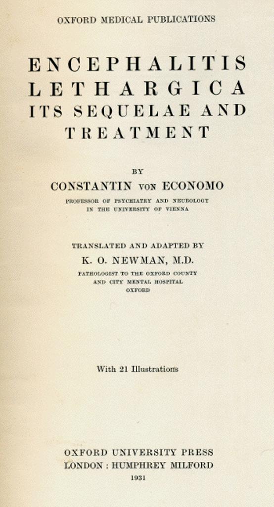 Odborné pojednání o záhadné nemoci z počátku třicátých let 20. století. Zdroj obrázku: Constantin Von Economo, Public domain, via Wikimedia Commons