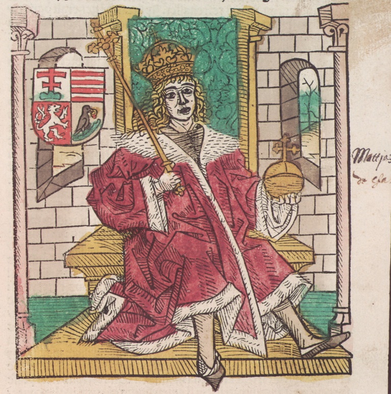 Uherský král Matyáš Korvín. Byl to on, kdo prchal z Moravy oblečený v ženských šatech, s růží v ústech? Zdroj ilustračního obrázku: Johannes de Thurocz, Public domain, via Wikimedia Commons