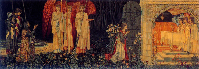 Galahad, Bors a Percival získají grál - tapiserie z 19. století. FOTO: neznámý autor / Creative Commons / volné dílo