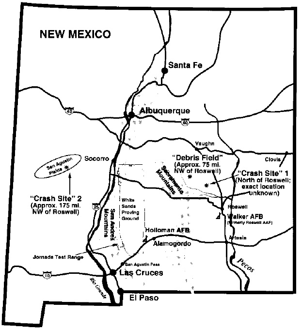 Mapa Nového Mexika s vyznačením míst údajných nálezů. FOTO: US Air Force / CC / volné dílo