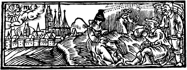 Nejstarší vyobrazení Oblíku (vpravo od kostela) z kalendáře Jana Willenberga, vydaného roku 1604 v Plzni