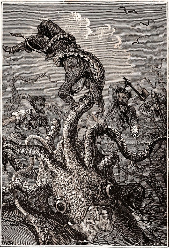 Ilustrace k románu Julese Verna. Boj s obří chobotnicí aneb jedna z představ o podobě krakena.
