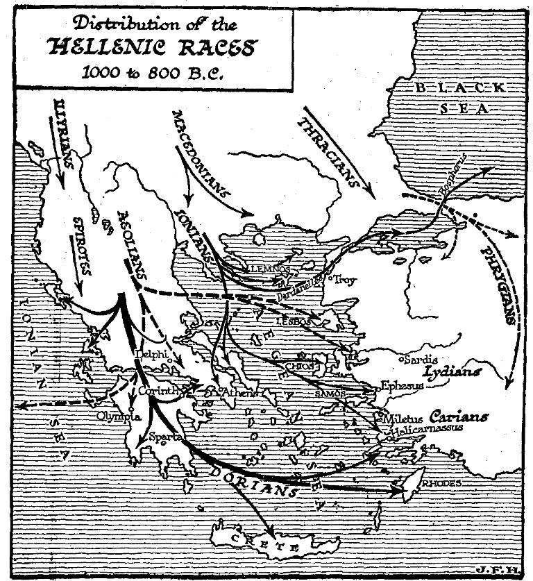 Mapa Dórské invaze podle britského spisovatele H. G. Wellse