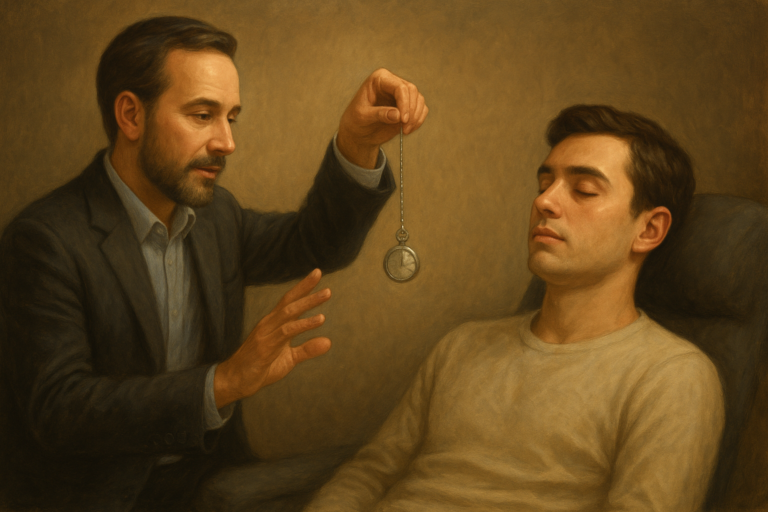 Terapeut mluví klidně, pacient sedí nebo leží se zavřenýma očima...