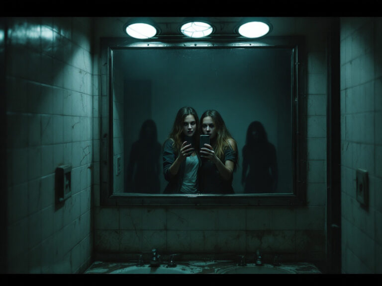 Zrcadlový odraz siluety neznámé postavy na školních toaletách.