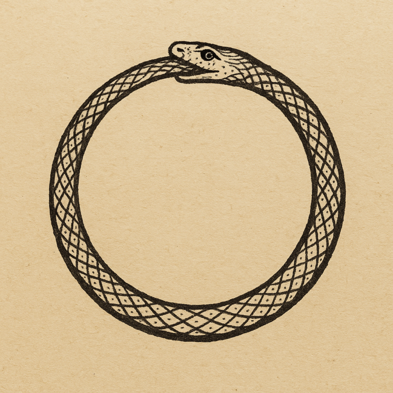 Uroboros, prastarý symbol hada požírajícího vlastní ocas, představuje nekonečný koloběh života, smrti a znovuzrození. Tento uzavřený kruh je jedním z nejstarších archetypů lidstva a objevuje se v kulturách napříč světem jako znak věčnosti, jednoty a nepřerušené energie.