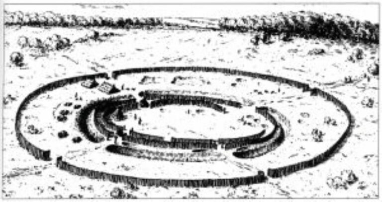 Půdorys Těšeticko-kyjovického rondelu je v tomto případě mírně elipsovitý a jeho delší osa směřuje na východ do prostoru mezi blízkým návrším a Děvínem. Foto: Muzeum Mohelno