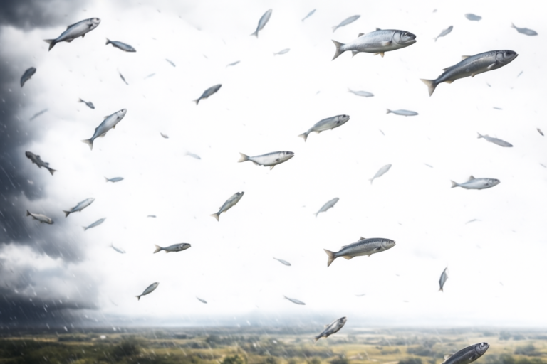 Ilustrace fenoménu „deště ryb“, který byl na různých místech světa opakovaně hlášen svědky...