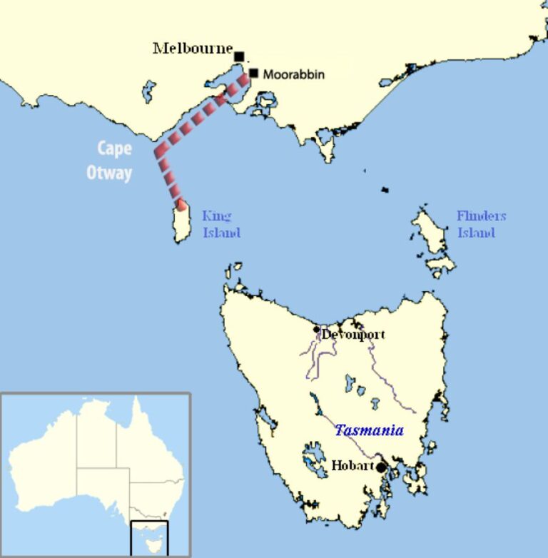 Valentichova plánovaná trasa. Foto: Bass-Strasse.png: Původním nahrávatelem byl Ulfl na německé Wikipedii, Odvozené dílo: TVJunkie/Creative Commons/Public Domain