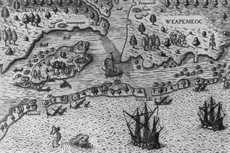 Příchod Angličanů do Virginie (1590). Rytina Theodora De Bryho podle kresby Johna Whitea. Foto: John White (artist)/Creative Commons/Public Domain