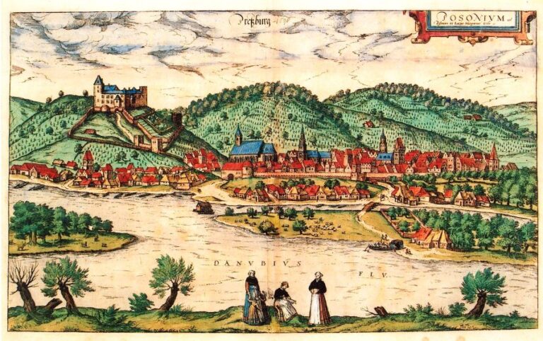 Pohled na Bratislavu s hradem z roku 1593. Foto: Wolfgang Lazius/Creative Commons/Public Domain