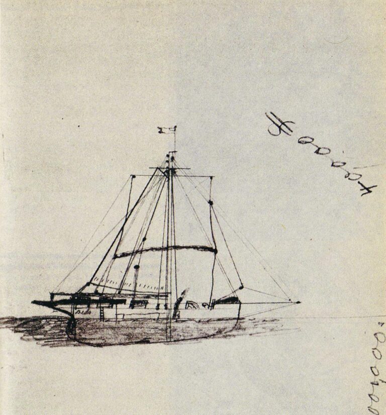 Loď Mignonette, která roku 1884 ztroskotala v Atlantském oceánu.