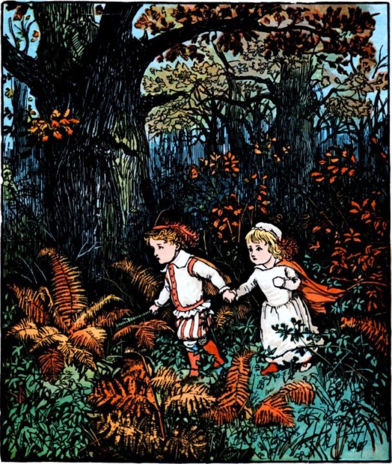 Příběh dvou dětí dodnes živí fantazii. Foto: The babes, by now abandoned, wander the woods/From The Project Gutenberg EBook of The Babes in the Wood, by Anonymous/Creative Commons/Public Domain