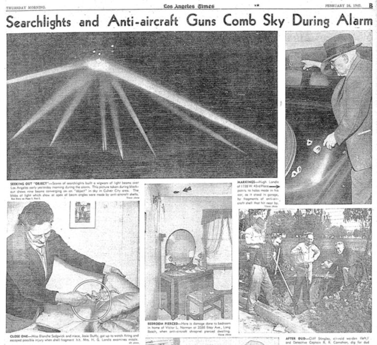 Strana B novin Los Angeles Times z 26. února 1942, která ukazuje zpravodajství o takzvané bitvě o Los Angeles a jejích následcích (spousta článků o lidech, kteří našli nefunkční granáty, nevybuchlou munici atd.). Foto: LATimes/Creative Commons/Public Domain