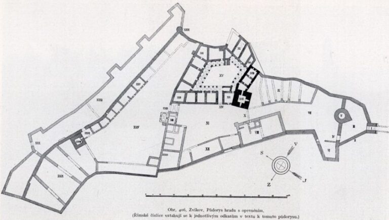 Půdorys hradu Zvíkov v roce 1910. Foto: Neznámý autor/Creative Commons/Public Domain