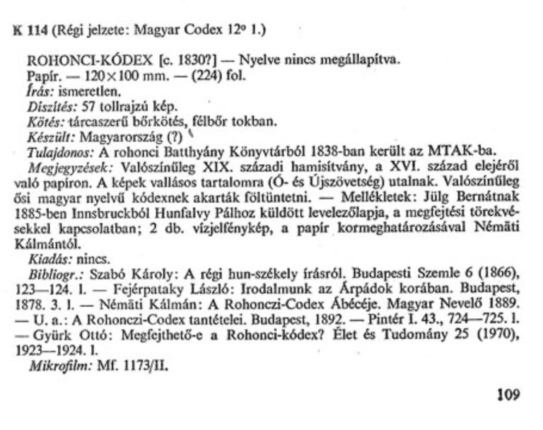 Oficiální knihovní popis rukopisu (Csapodi, 1973). Foto: Csaba Csapodi, Hungarian Academy of Sciences/Creative Commons/Public Domain