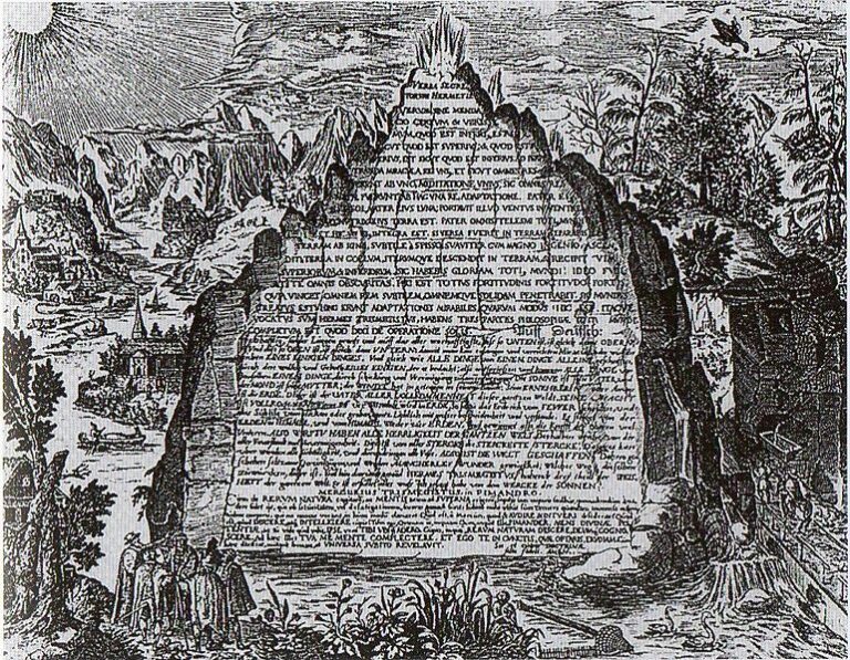 Symbolické vyobrazení Smaragdové desky v díle alchymisty Heinricha Khunratha z roku 1606.