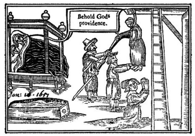 Dřevoryt z knihy Zázrak divů (1651) zobrazující oběšení Anne Greeneové. Foto: W. Burdet/Creative Commons/Public Domain