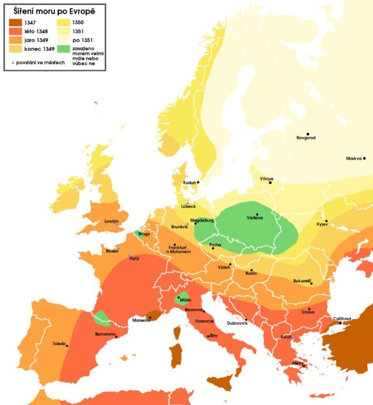 Mapa šíření morové epidemie po Evropě. Foto: Roger_Zenner ; do češtiny přeložil Amic/Creative Commons/CC BY-SA 3.0