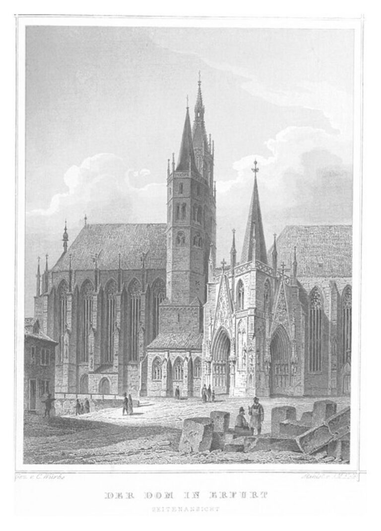Erfurtský kostel Panny Marie v polovině 19. století. V budově proboštství, která s ní sousedila, se měla tragédie odehrát. Foto: Image extracted from page 675 of volume 2 of Das Königreich Preussen in malerischen Original-Ansichten seiner interessantesten Gegenden, merkwürdigsten Städte ... und sonstigen ausgezeichneten Baudenkmaler alter und neuer Zeit. ..., by POPPEL, Johann Gabriel Friedrich. Original held and digitised by the British Library. Copied from Flickr/Creative Commons/Public Domain
